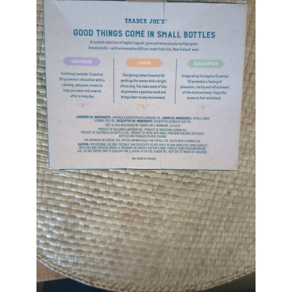 Trader Joe's Essential Oil Collection 3 Bottles 0.33oz Each With Wool Diffuser - Picture 4 of 5